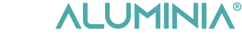 Logo Aluminia con testo azzurro su sfondo trasparente – versione per sfondi scuri