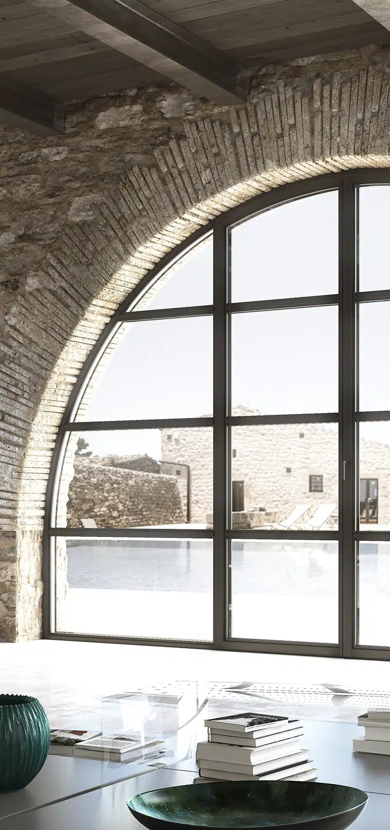 Render casa moderna con serramenti Aluminia minimal affacciata su paesaggio naturale montano e marino