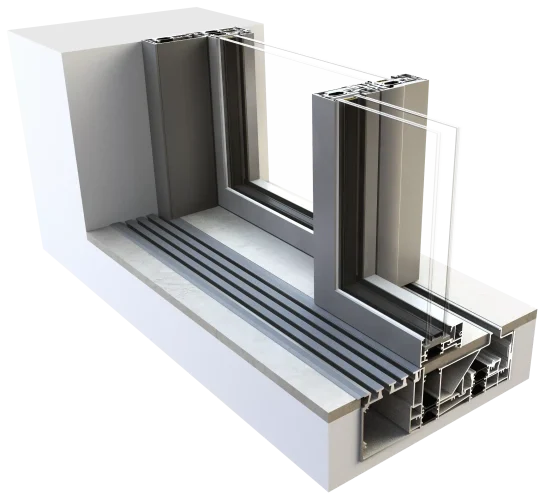Render 3D sezione serramento scorrevole Aluminia con soglia ribassata invisibile