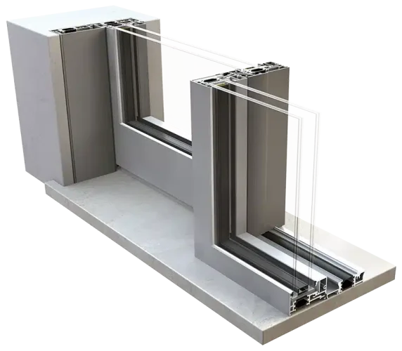 Render 3D sistema scorrevole Aluminia Vision 180X con profili minimali e doppio binario